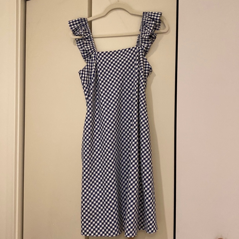 Blue gingham maternity dress